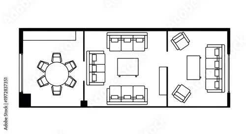 Modern floor plan of a home's living and dining room layout.