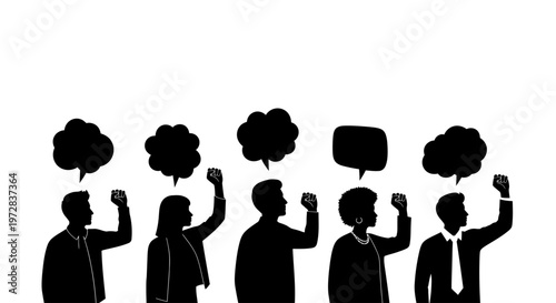 Silhouettes of people raising fists with speech bubbles for social activism and protest