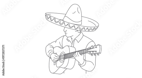 Man in a traditional sombrero playing an acoustic guitar line art illustration