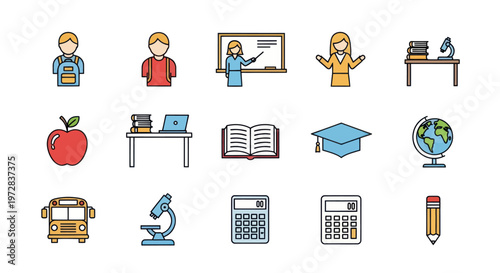Collection of flat education and school line icons