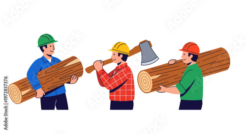 Three lumberjack workers wearing hard hats carrying wood logs and an axe