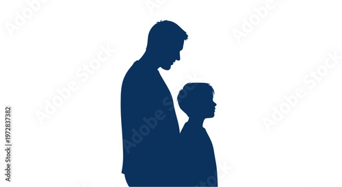 Silhouette of a father and son standing together on a white background