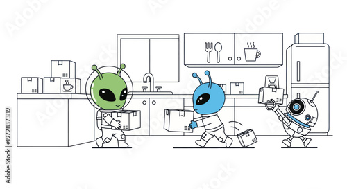 Cute aliens and a robot carrying boxes in a kitchen relocation scene