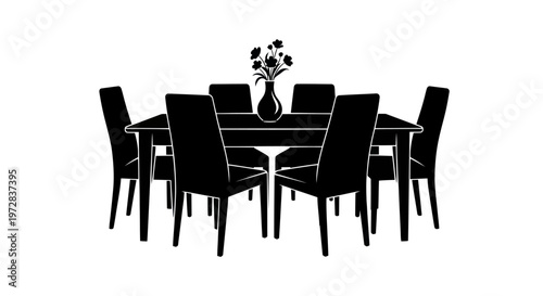 Minimalist black silhouette of a modern dining room table and chairs set