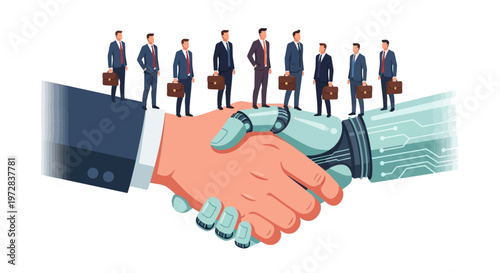 Human and Robot Handshake Representing Business Collaboration and Artificial Intelligence Integration