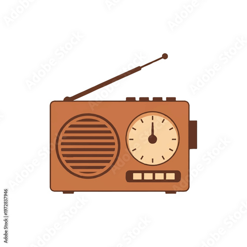 An old-fashioned transistor radio with a dial and antenna, representing classic sports broadcasting, warm faded brown tones, minimalist flat vector artwork, clipart style, absolute solid block