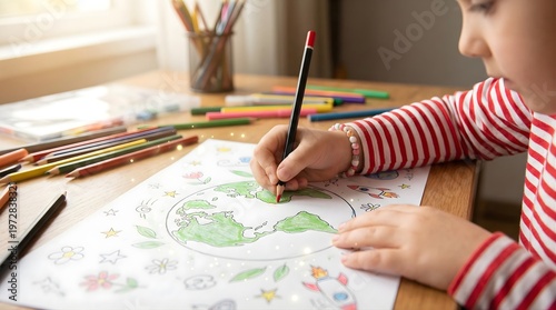 Creative child coloring world map illustration, young student drawing earth on paper with pencils, educational art activity for environmental awareness