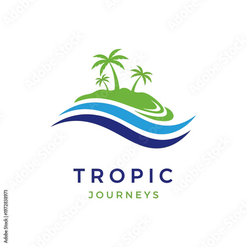 Tropical Island Paradise Logo with Palm Trees and Ocean Waves.