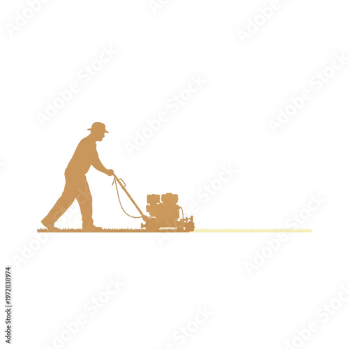 Silhouette of a worker pushing a vintage line marking machine on a grass field, creating straight boundaries, faded tan and cream color palette, minimalist flat vector artwork, clipart style,