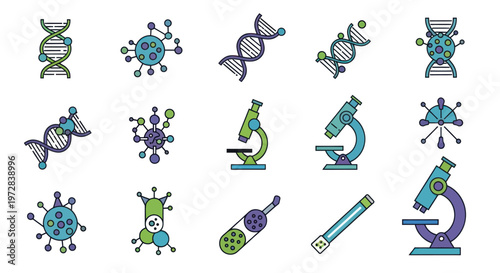 Medical Research Laboratory Microscope Equipment Icons.