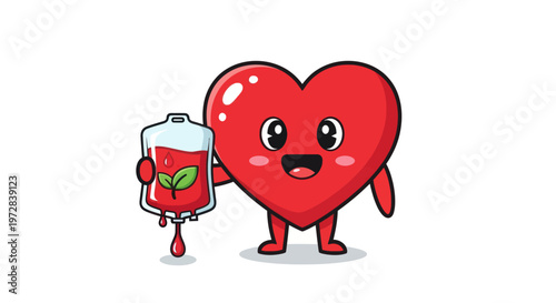 Heart character holding blood bag.