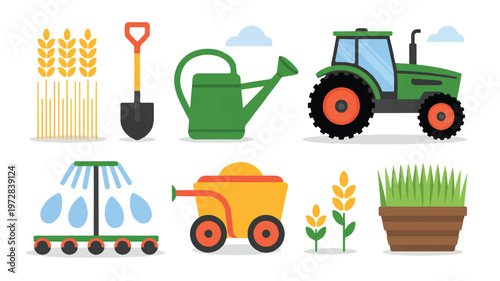 Agriculture and gardening tools vector icons set with tractor, shovel, wheat, watering can, and irrigation system, flat design, graphic resources