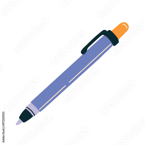 Blue ballpoint pen with a retractable refill. Writing instrument for office work and study. Flat style vector.
