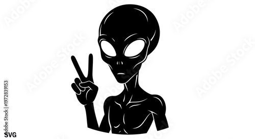 Alien Figure Making Peace Sign, Sci-Fi Concept, Vector Silhouette