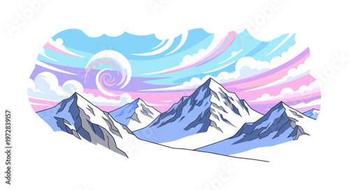 Snowy Mountain Peaks Under Colorful Sky.