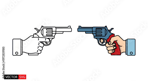 Two hands holding revolvers, one outline, one colored, isolated on white