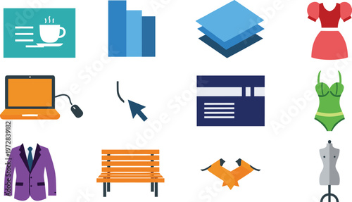 Colorful illustration of twelve diverse icons including coffee cup, bar chart, clothing, laptop, credit card, birds, and mannequin symbolizing fashion, technology, lifestyle, and business desig