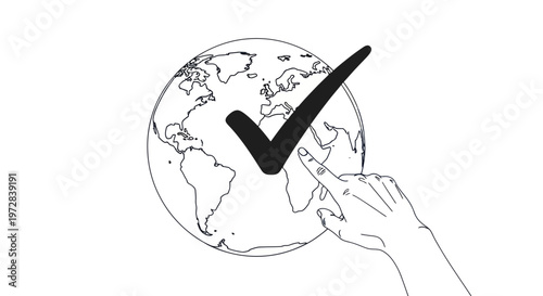 Hand holding checkmark on globe symbol.
