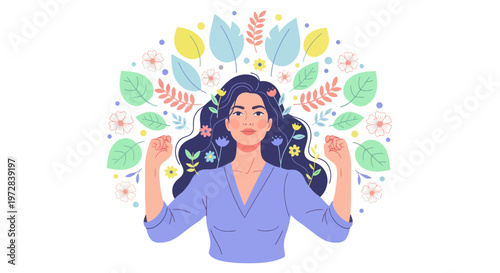 Woman with headphones and flowers.