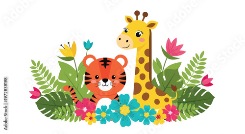 Cartoon Tiger and Giraffe Friends.