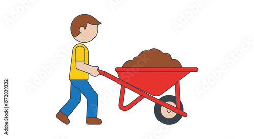 Boy pushing a loaded red wheelbarrow.