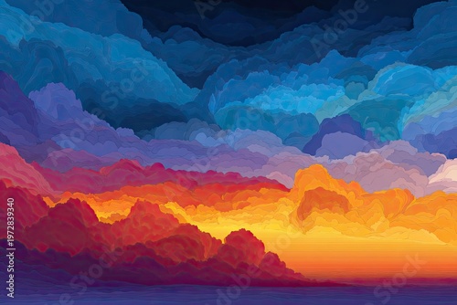 Vibrant Abstract Landscape with Fiery Sunset and Dramatic Clouds.