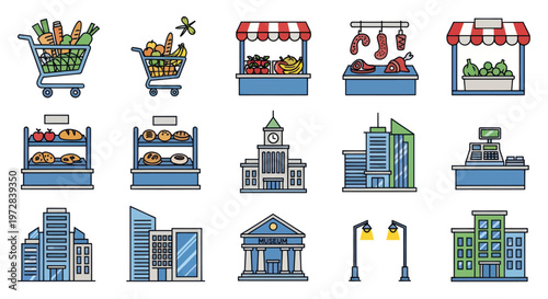 Shopping Cart Food Store Buildings Icons.