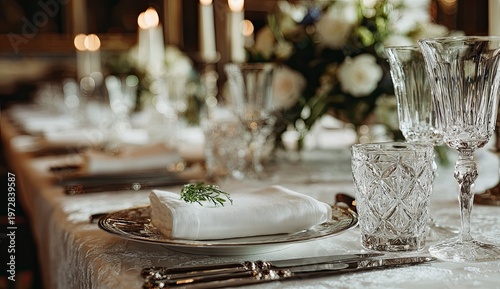 Elegant Formal Dinner Table Setting with Crystal Glassware and Floral Centerpiece.