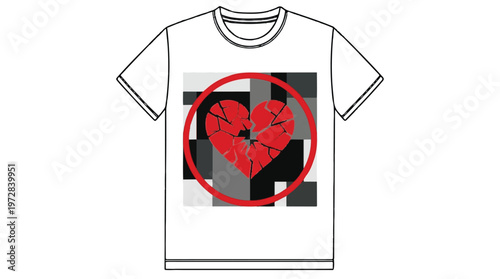 Broken red heart t-shirt design with pixelated checkered background and red circle outline with t shirt with white shirt with design element