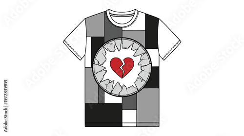 Stylish patchwork t-shirt design with exploding broken red heart graphic for emotional themes and modern apparel mockups with t shirt with mock up