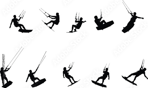 Collection Of Kite Surfing Silhouettes In Action sport