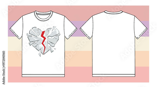 White t-shirt mockup with distressed torn broken heart and red crack graphic on pastel striped background with t shirt with mock up