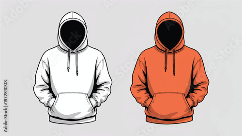 Two hooded sweatshirts, one white and one orange, shown from the front on a neutral background, cuffed sleeves, color contrast