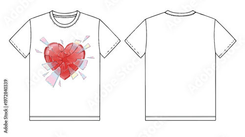 Watercolor red heart on white t-shirt mockup, front and back view, love and romance apparel graphic, valentine s day, textile design, clothing template