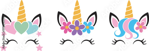 Three Cartoon Unicorn Faces with Horns and Ears Keywords: unicorn, face, head, horn, ears, eyes