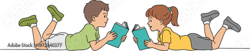 Two Children Reading Books Together Lying Down kids