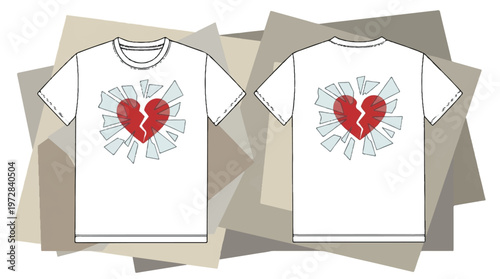 Red broken heart design on white t-shirt mockup, front back view, shattered glass effect graphic element, emotional pain, sadness graphic, love loss