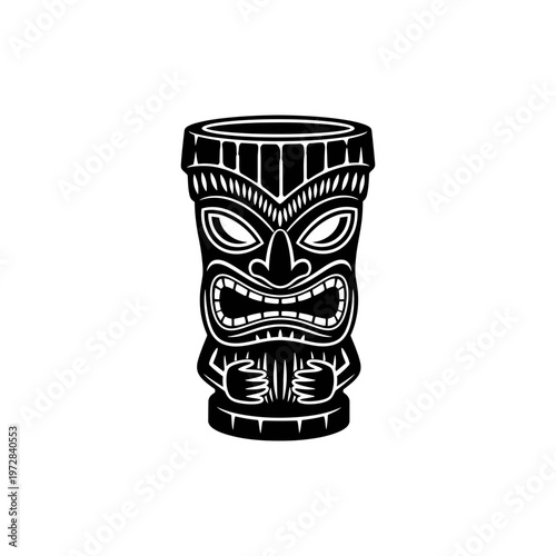 A black and white illustration of a tiki mask on a cup
