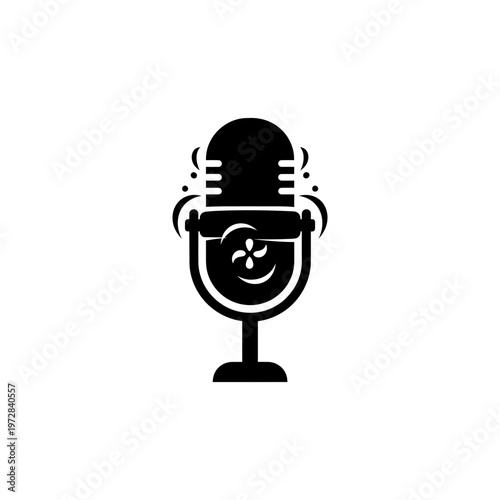 A stylized illustration of a microphone with a fan on a white background
