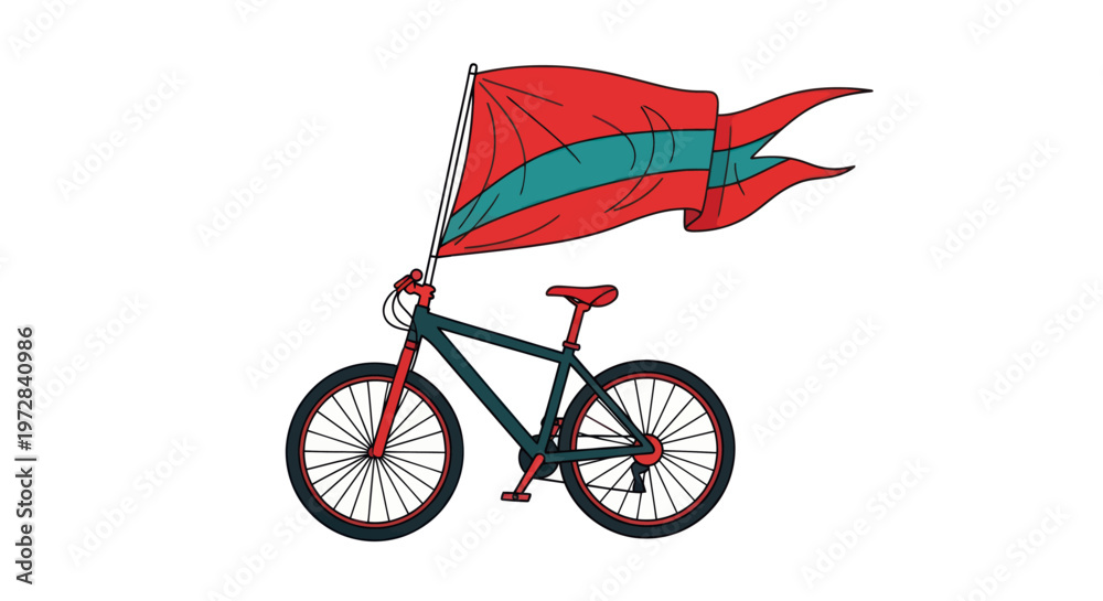 Fototapeta premium A bicycle with a waving flag in red and teal.