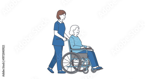 A caregiver pushes an elderly woman in a wheelchair, illustrating support and healthcare.