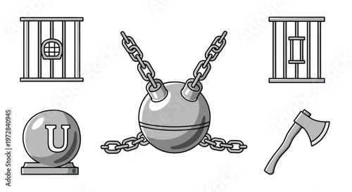 Prison break icons: bars, ball and chain, axe, and tombstone