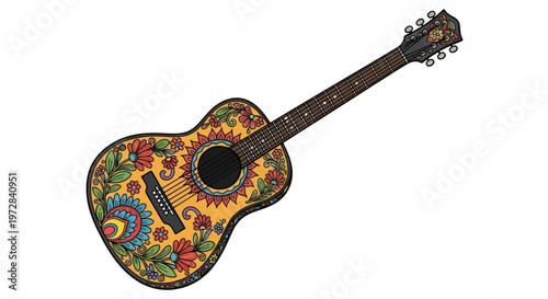 Decorative acoustic guitar with colorful floral patterns