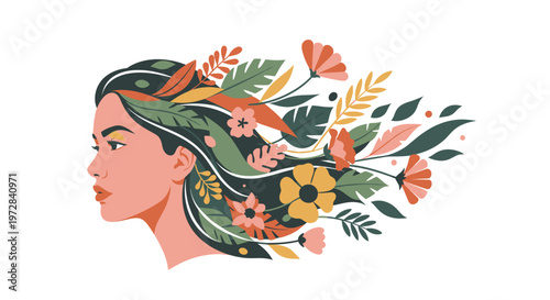 Floral woman portrait with botanical hair illustration in flat design style.