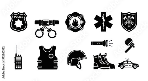 Collection of police and emergency service equipment icons