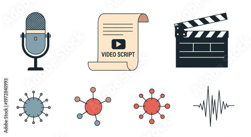 Flat icon set for video production podcasting and digital content creation