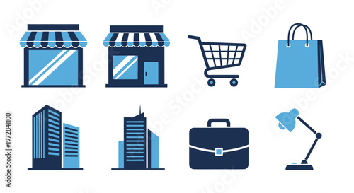 Set of business and retail flat icons in blue tones