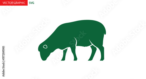 Green Sheep Silhouette Grazing on White Background, Vector Graphic