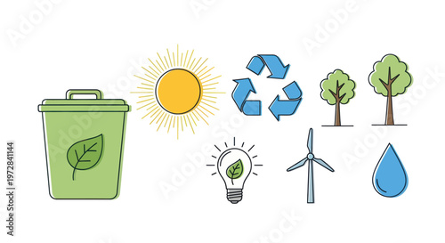Set of eco-friendly icons representing sustainability and renewable energy.