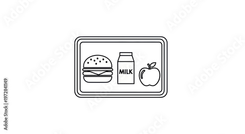 School Lunch Tray Icon: Burger, Milk Carton, Apple - Simple Line Art